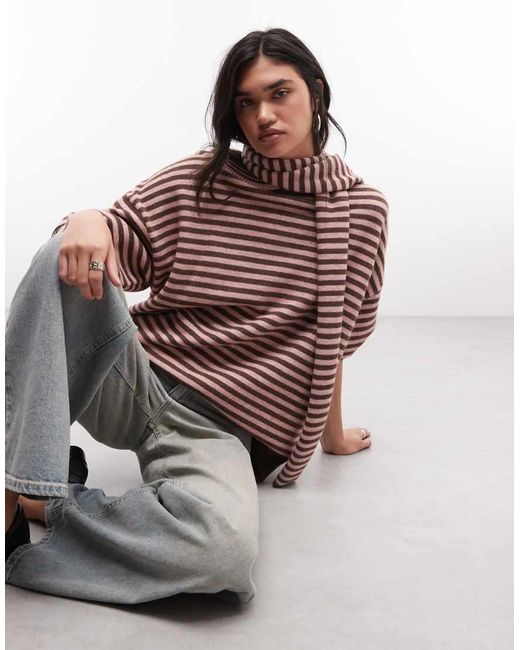 Daisy Street Brown Oversized Stripy Knit Jumper With Collar