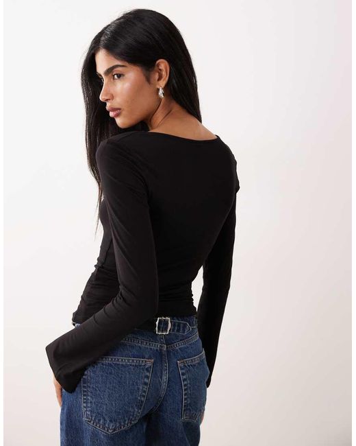 Gina Tricot Blue Long Sleeve Top With Scoop Neck And Split Cuffs