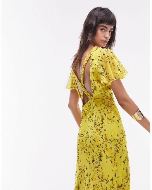 TOPSHOP Yellow Occasion Flutter Sleeve Maxi Dress With Back Detail