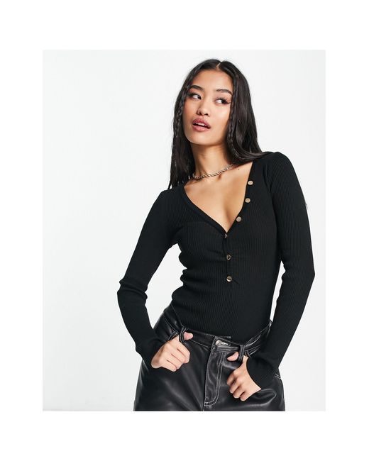 New Look Black Knitted Ruched Front Button Down Bodysuit