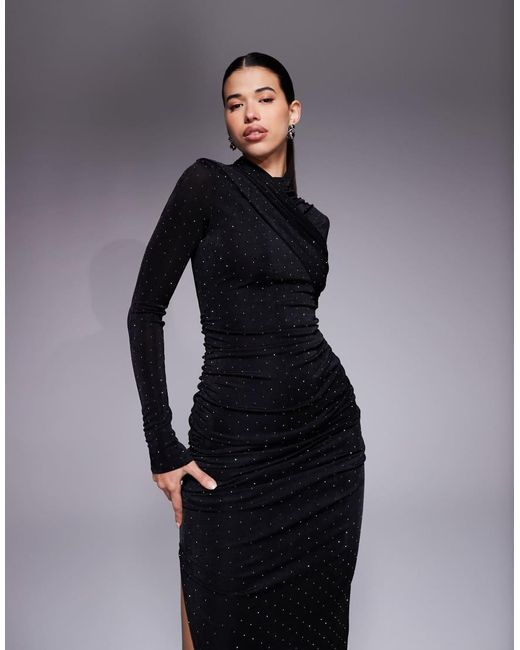 Ruched & Ready Blue Removable Shoulder Pad Detail Sculpting High Neck Drape Front Hotfix Maxi Dress
