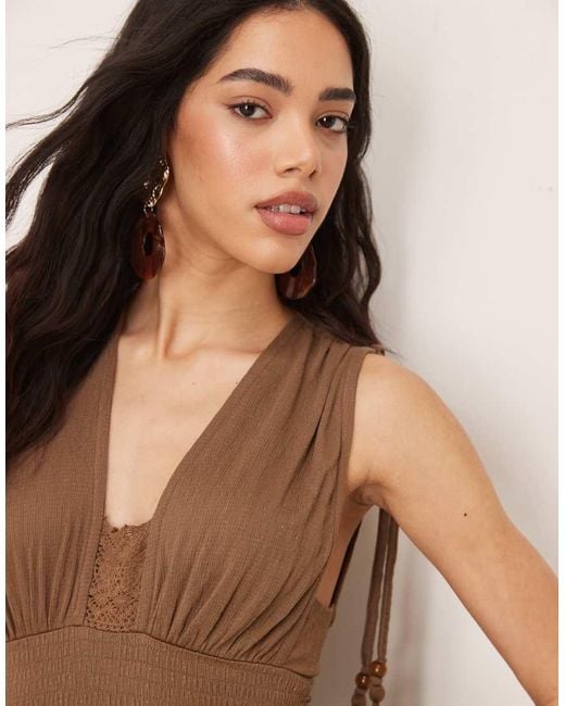 ASOS Brown Crinkle Plunge Lace Bust Tassel Maxi Dress