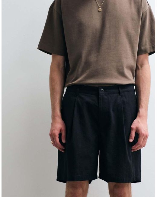 ASOS COLLECTIVE Black Pleated Cotton-linen Blend Shorts for men