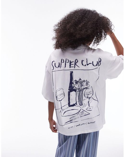 Camiseta blanca extragrande con estampado gráfico "supper club" TOPSHOP de color White