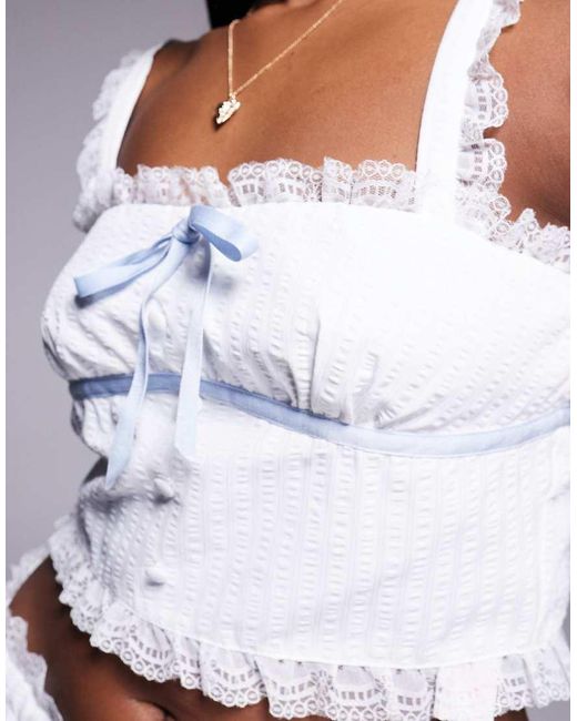 Kaiia White Exclusive Textured Lace Trim Contrast Blue Tie Detail Crop Top Co-ord