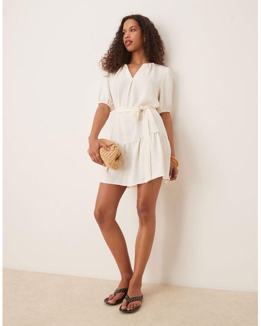 Vila Natural Short Sleeve Tie Waist Mini Dress