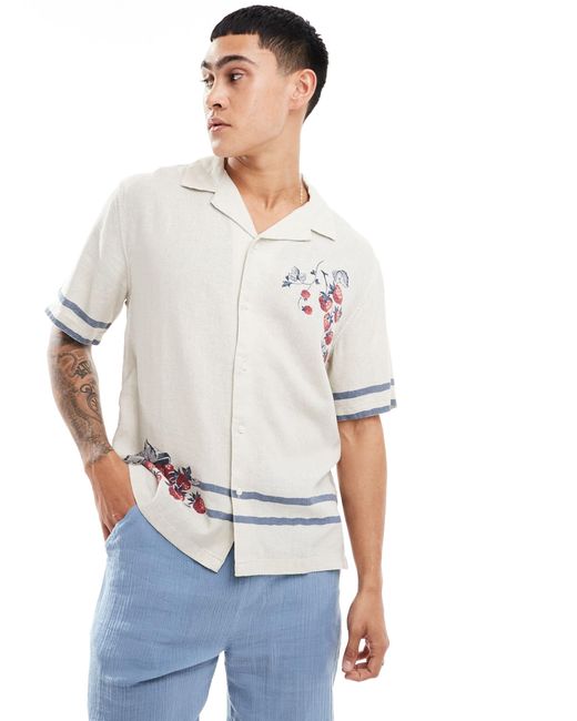Abercrombie & Fitch White Short Sleeve Fruit Embroidery Revere Collar Linen Shirt for men