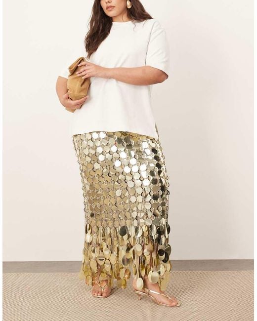 ARRANGE Natural Curve Futurist Sequin Embellished Fringe Hem Midi Skirt