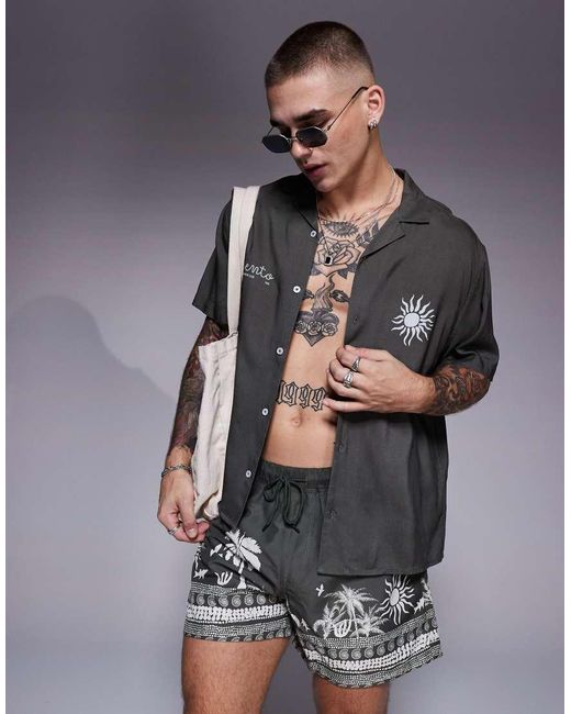 Camisa De Corte Cuadrado Con Cuello De Solapas Y Estampado Veraniego De (Parte De Un Conjunto) ASOS de hombre de color Gray