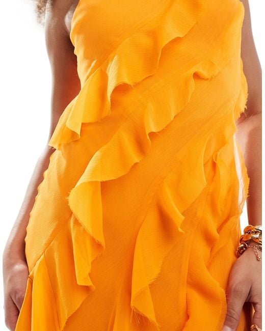 ASOS Orange Racer Neckline Ruffle Maxi Dress With Hi Low Hem