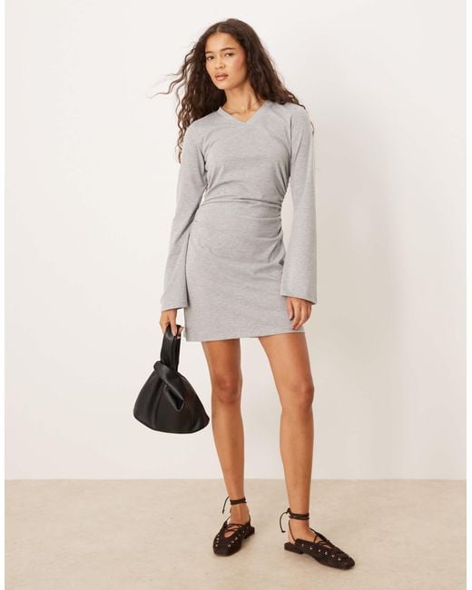 ASOS Gray High V Neck Cinched Side Flare Sleeves Mini Dress