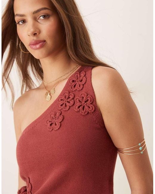 ASOS Red Knitted On Shoulder Top With Flower Applique Detail