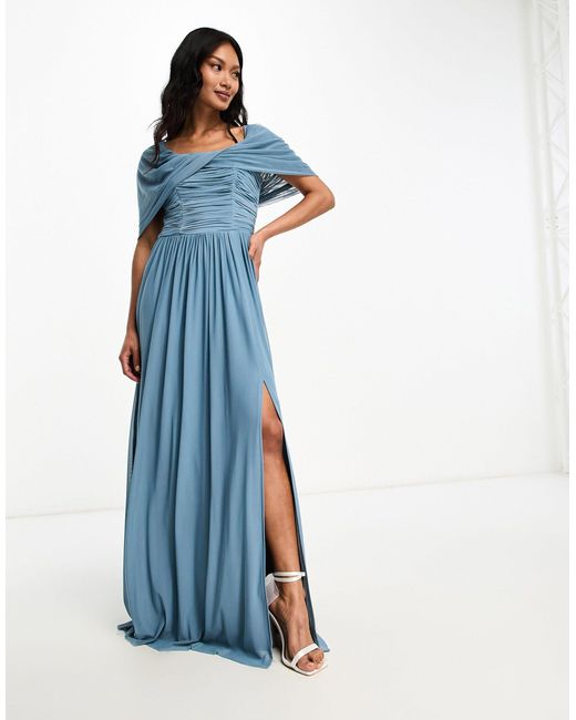 Little Mistress Blue – bridesmaids – gerafftes maxi-brautjungfernkleid aus em netzstoff mit carmen-ausschnitt