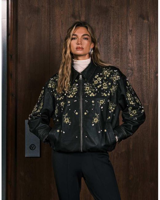 ASOS Brown Real Leather Embellished Bomber Jacket