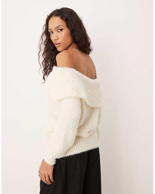 Lovedrobe White Pearl Embellished Velvet Bow Bardot Jumper