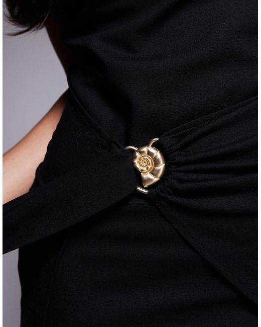 Kaiia Blue Exclusive Linen Look Gold Shell Drape Detail Knotted Halterneck Mini Dress