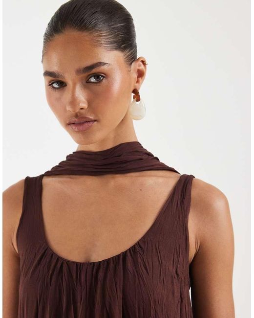 ASOS Brown Crinkle Scoop Neck Maxi Dress With Scarf Detail
