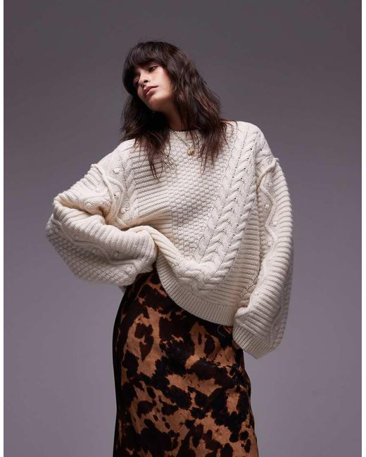 TOPSHOP White Knitted Premium 100% Wool Oversized Cable Jumper
