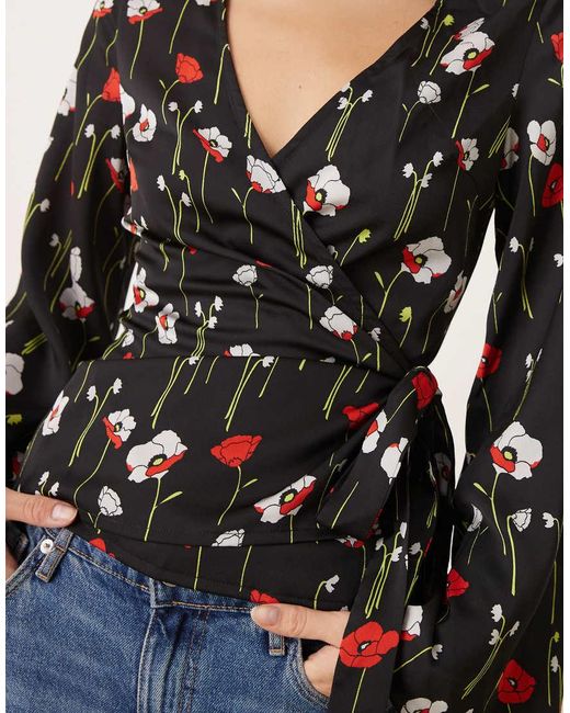 Glamorous Black Wrap Flared Sleeve Blouse
