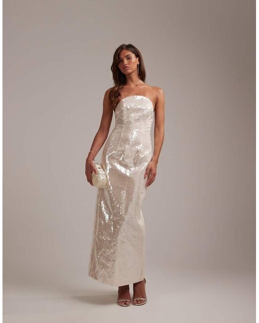 ASOS Brown Bridal Sequin Crescent Neckline Bandeau Column Midaxi Dress