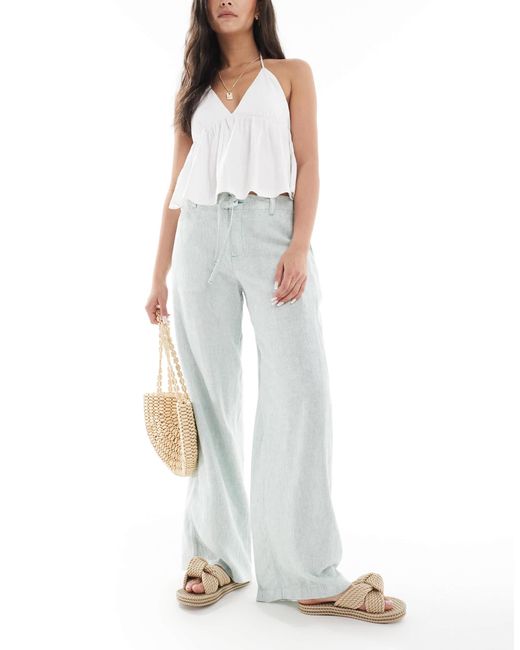Pantalon super baggy à taille basse en lin rayé - vert et Hollister en coloris White