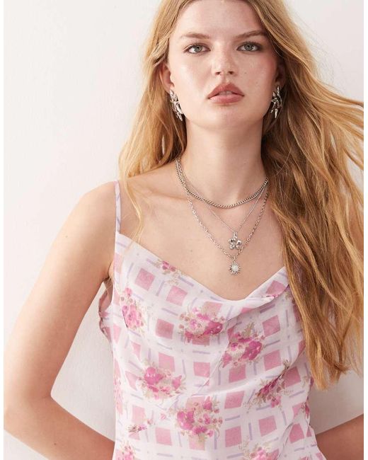 Vestito Corto A Quadri E Fiori Con Fondo A Palloncino di Reclaimed (vintage) in Pink