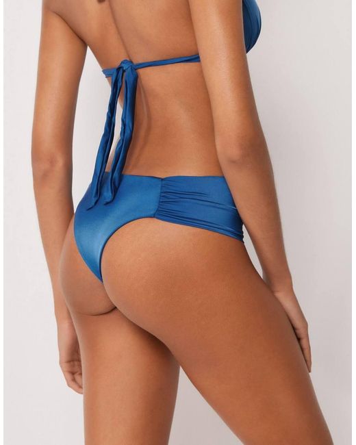 Calzedonia Blue Shiny Satin Ruched Bikini Bottoms
