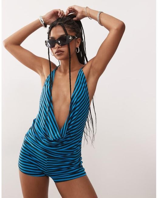 Collusion Blue Stripe Plunge Neck Backless Top