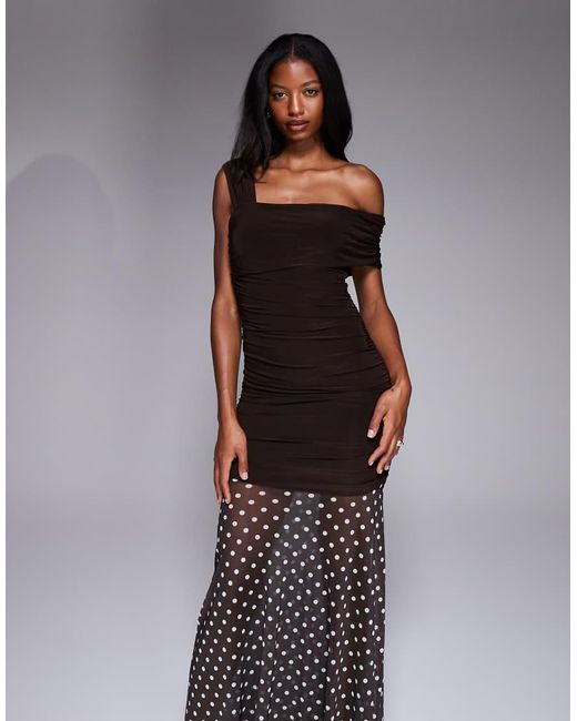 Kaiia Multicolor Exclusive Double Layered Slinky Asymmetric One Shoulder Sheer Hem Maxi Dress
