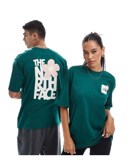 T-Shirt Oversize Scuro Con Stampa Con Fiore Sul Retro di The North Face in Green