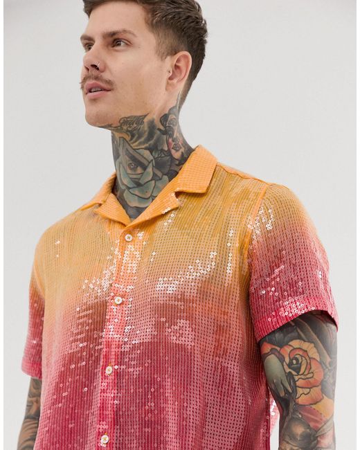 ASOS Orange Relaxed Ombre Sequin Shirt With Revere Collar for men