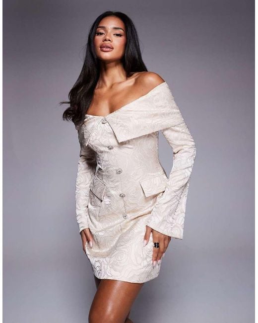 ASOS Gray Jacquard Off Shoulder Blazer Dress