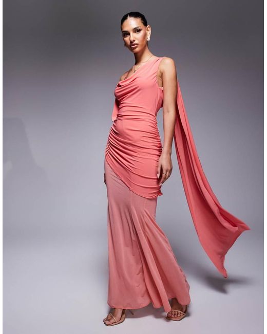 ASOS Asymmetrische Gerimpelde Maxi Jurk Van Gladde Stof Met Doorschijnende Rok in het Red