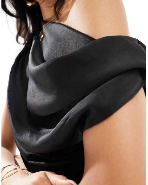 SNDY'S Black Satin One Shoulder Ruched Maxi Dress