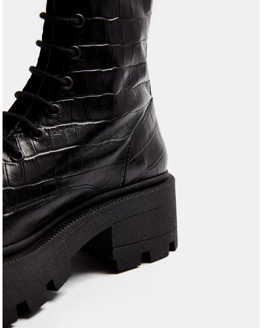 Leather Chunky Lace Up Crocodile Boots 
