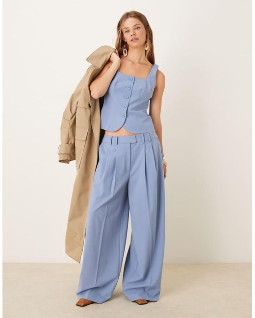 ASOS Elegante Geplooide Pantalon Met Lage Taille En Superwijde Pijpen in het Blue