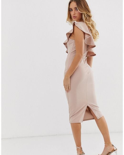 missguided one shoulder frill midi dress