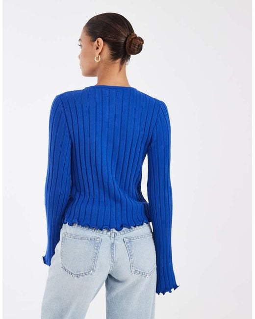 ASOS Blue Wide Rib Knit Frill Cuff And Hem Cardigan