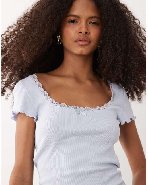 Miss Selfridge Blue Square Neck Lace Trim Short Sleeve Top