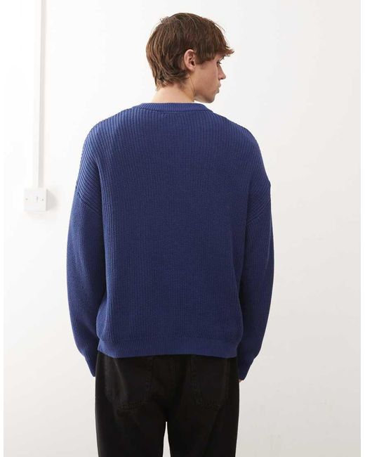 Reclaimed Vintage Blue Fisherman Knitted V Neck Slouchy Jumper for men