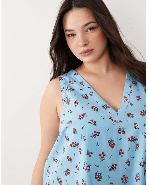 ASOS Blue Asos Design Curve Cotton Linen V Neck Smock Midi Dress