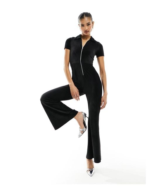 Fashionkilla Black Stretch Cord Zip Through Tie Back Jumpsuit
