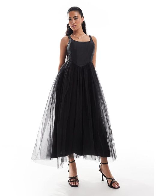 LACE & BEADS Black Drop Hem Corset Maxi Dress
