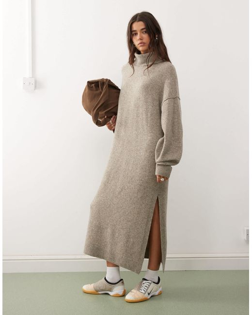 Weekday Women's Natural Turtle Neck Knitted Maxi Sweater Dress