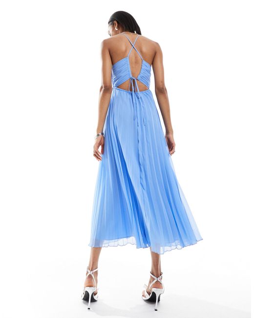 ASOS Blue Asos Design Tall Pleated Bodice Strappy Pleat Midi Dress