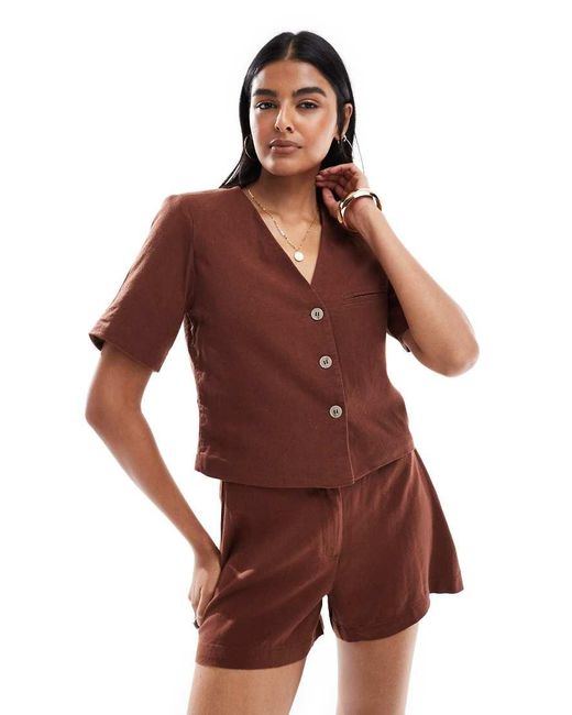 Vero Moda Red Linen Touch Short Sleeve Cropped Blazer Co-ord