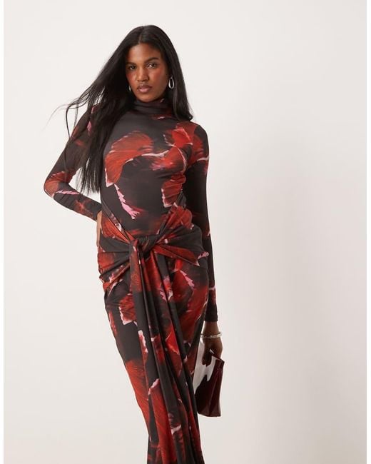 Pretty Lavish Red Tie Waist Roll Neck Maxi Dress