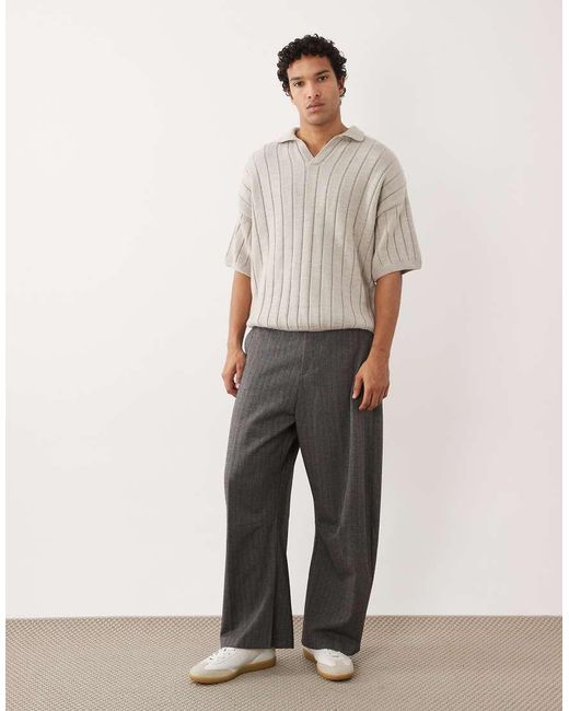 ASOS Gray Oversized Knitted Ribbed Short Sleeve Notch Neck Polo for men