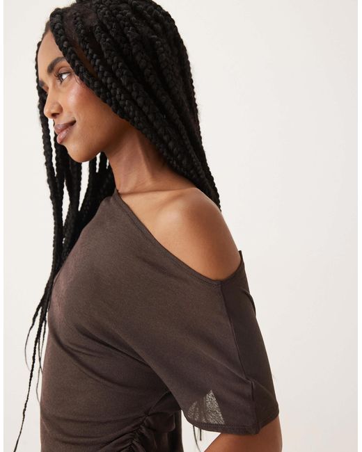 ASOS Brown Mesh Semi Sheer Ruched Off Shoulder Top
