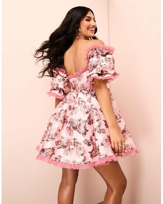 ASOS Pink Floral Jacquard Off Shoulder Puff Sleeve Mini Skater Dress With Organza Trim